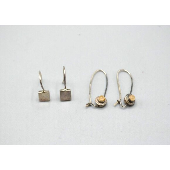 Silver Drop Hook Earrings Lot of 2 Pairs Square / Circle 925 Sterling Silver Vtg - Picture 1 of 7
